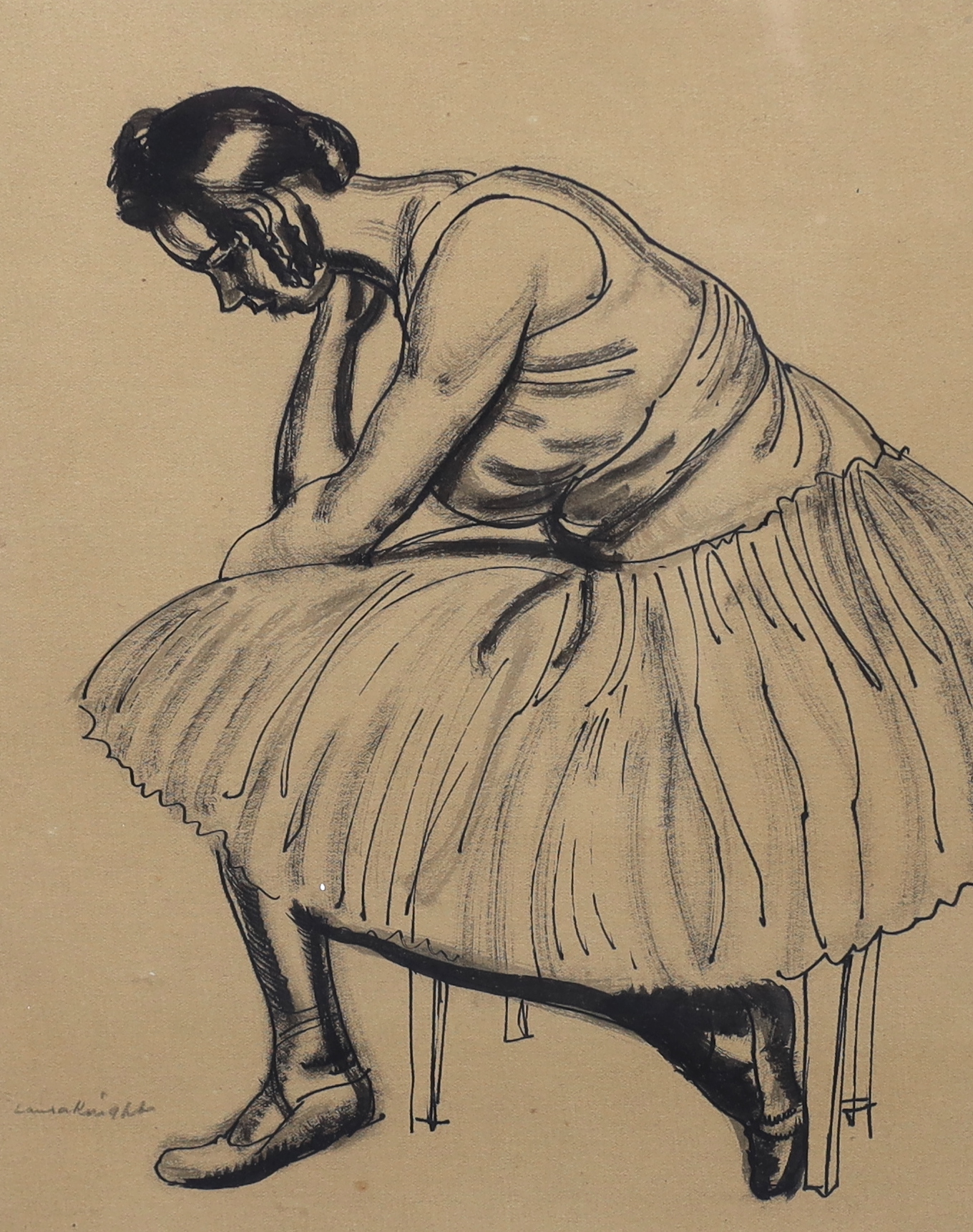 Dame Laura Knight (English, 1877-1970), Seated ballerina, pen, ink and wash on paper, 29.5 x 24cm